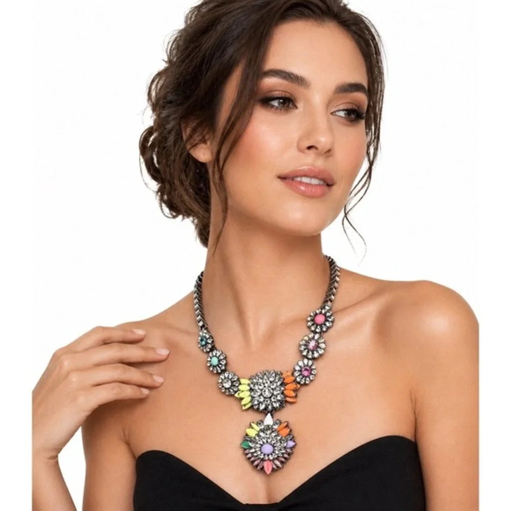 Multi Color Neon Floral Bib Necklace Gunmetal Tone Rhinestone Chunky Indie J-01